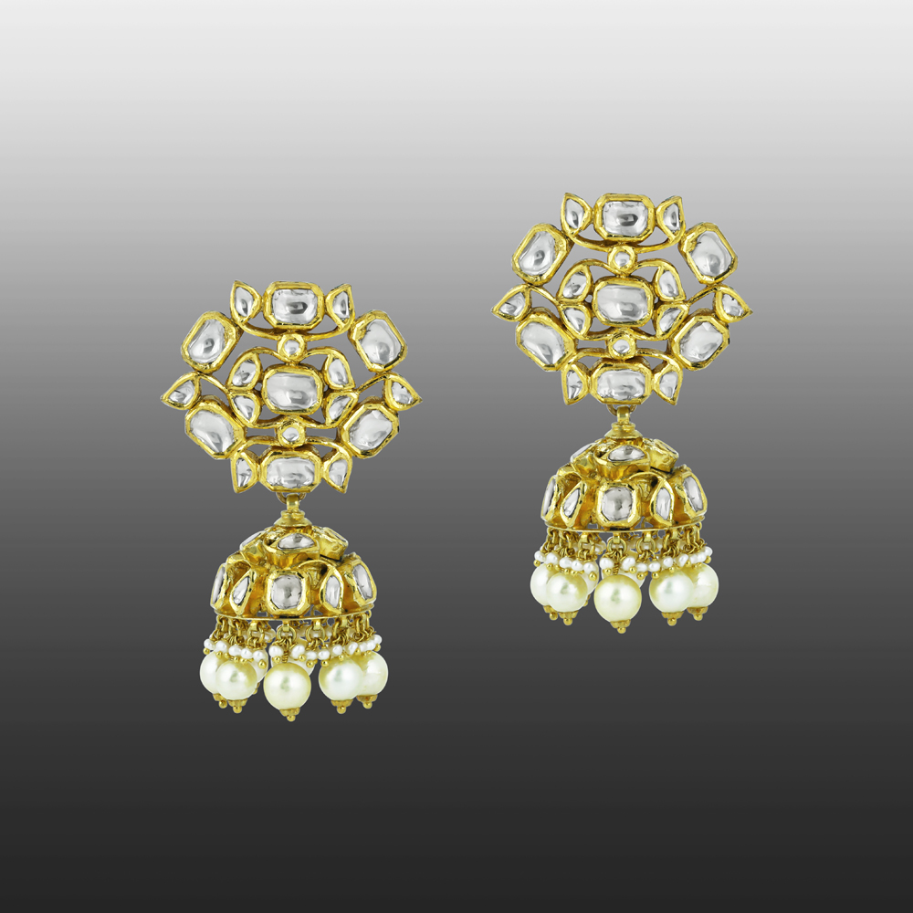 Floral Polki Jhumka Earrings with Pearl Drops